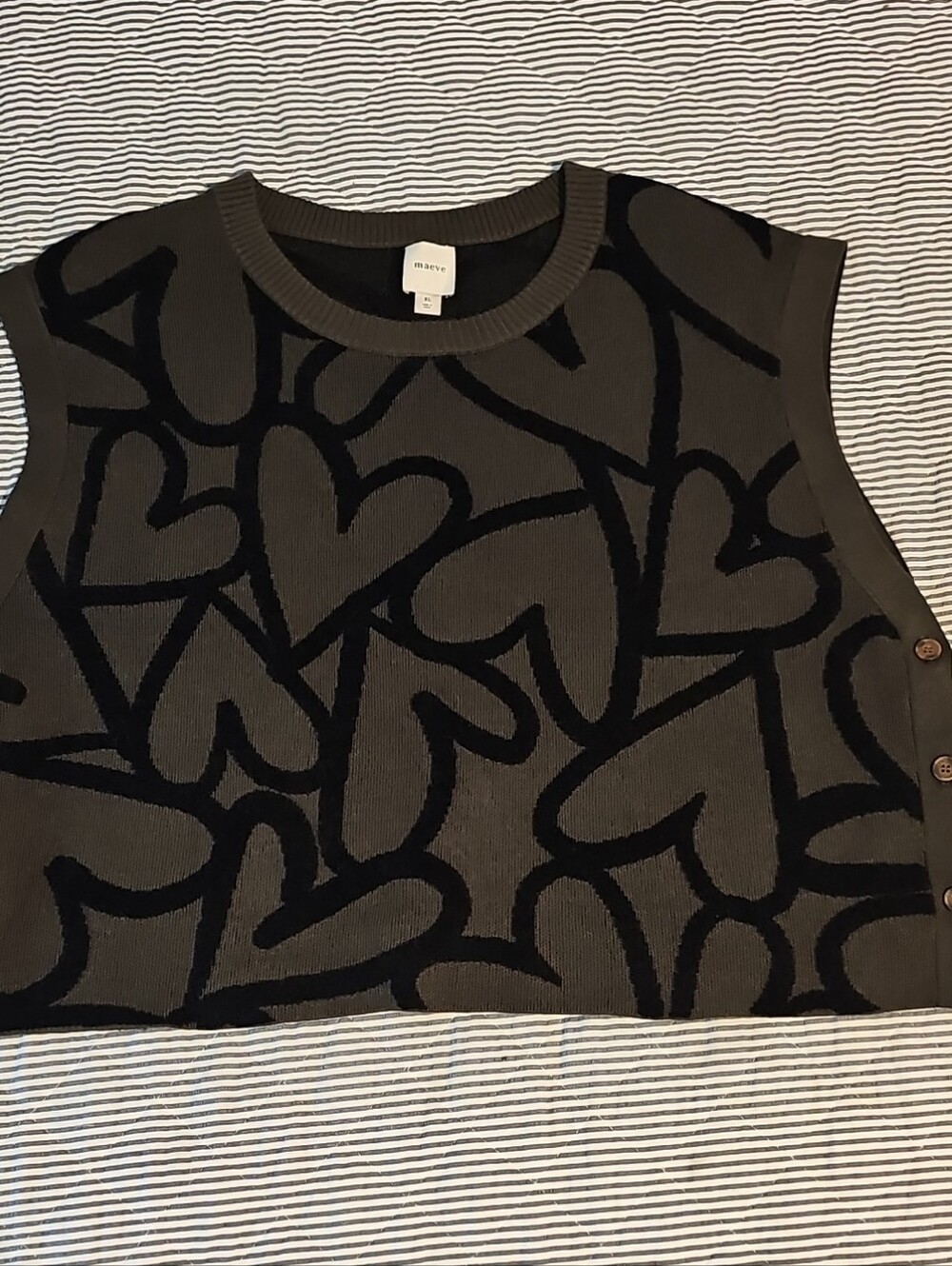 Maeve Olive & Black Heart-Pattern Knit Tank with Side Buttons